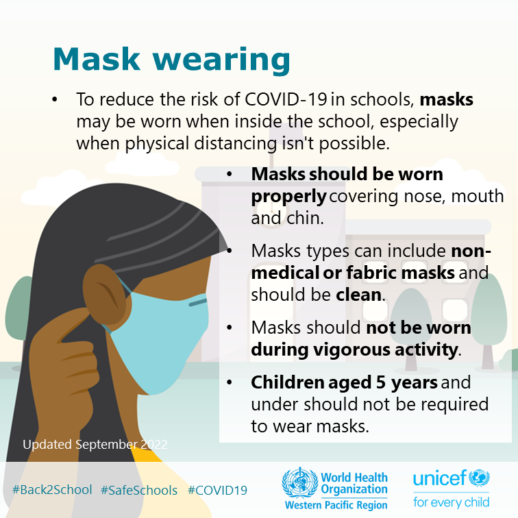 As the COVID-19 pandemic isn’t over yet, wearing a mask when inside the school, especially when physical distancing isn’t possible, can help reduce the spread of #COVID19.  

#Back2School #SafeSchools