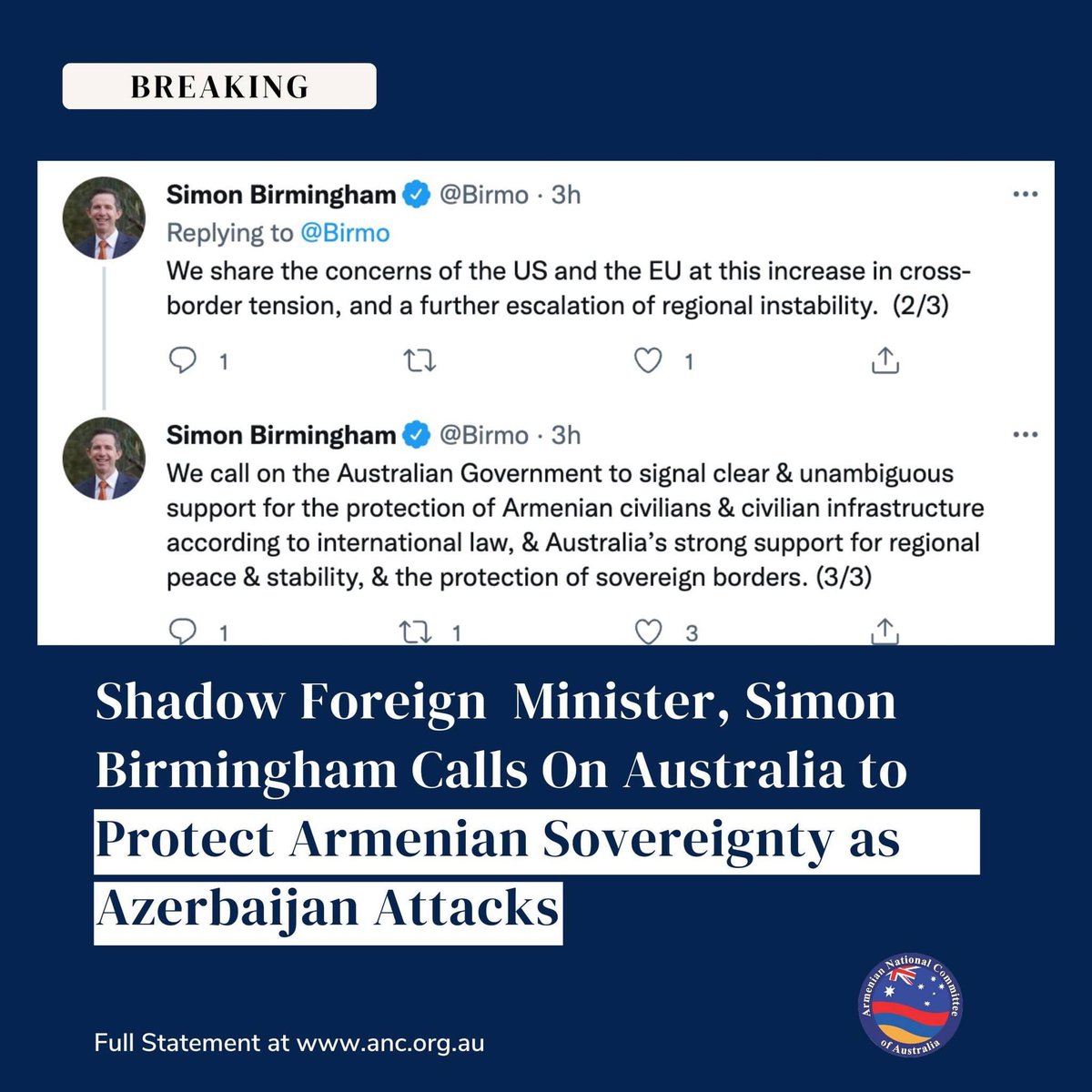BREAKING! Shadow Foreign Affairs Minister, Senator Simon Birmingham Calls On Australian Government to Protect Armenian Sovereignty as Azerbaijan Attacks

Read more here: anc.org.au/news/Media-Rel…