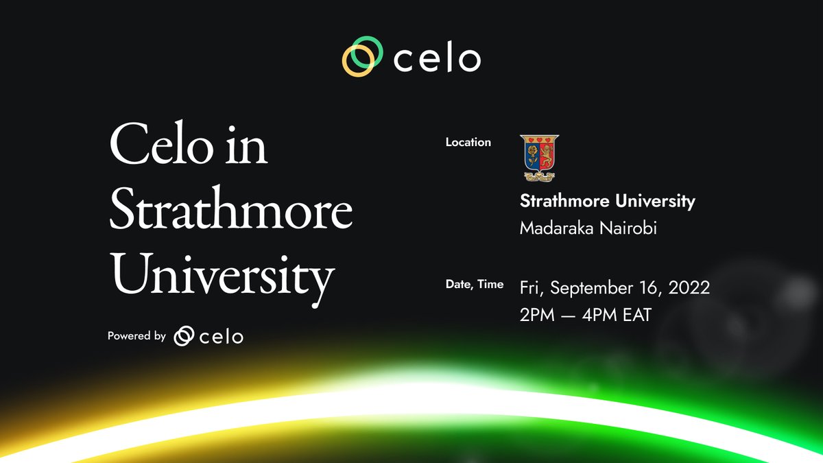 CeloKenya's tweet photo. Join us this Friday 16th September, at @StrathU to explore the @CeloOrg protocol, the first mission-driven blockchain network that seeks to create the conditions for prosperity for everyone.

Register: https://t.co/xvf9cRMtLO

@kenyanwalstreet @BitcoinKE https://t.co/DmJ9BWsSHL