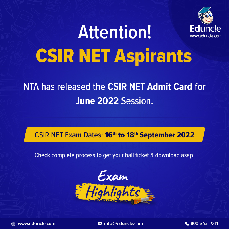 EduncleIndia's tweet photo. 📢Attention CSIR NET Aspirants!!

NTA has released CSIR NET Admit Card For June 2022 Session

Know Step by Step Process to Download CSIR NET Admit Card Here - https://t.co/tn0PhdrTc9

#CSIR #CSIRNET #NTACSIR #csiradmitcard #admitcard #eduncle #karolifekitaiyari https://t.co/UAvCJ1xyeF