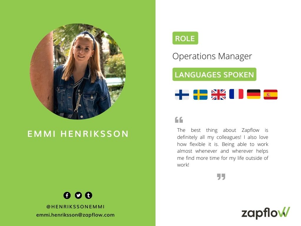 Zapflow's tweet image. #BTS at Zapflow! ✔️

Emmi started at Zapflow in February 2022. Today, she works as an Operations Manager, responsible for operations, legal &amp;amp; HR.

Check out below what Emmi loves about Zapflow, and connect with her also on LinkedIn!

#Zapflow #behindthescenes #gettingthingsdone