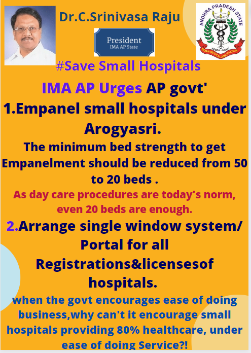 DrCSRaju,state president,IMAAP urges AP govt <a href="/AndhraPradeshCM/">CMO Andhra Pradesh</a> @HariKrishnaCMO <a href="/OfficeOf_MM/">Office of Dr Mansukh Mandaviya</a>  <a href="/ArogyaAndhra/">Health Medical and Family Welfare Department - AP</a>  #savesmallhospitals  <a href="/timesofindia/">The Times Of India</a> <a href="/the_hindu/">The Hindu</a> <a href="/IndiaToday/">IndiaToday</a> @sakshinews <a href="/DeccanHerald/">Deccan Herald</a> <a href="/DeccanChronicle/">Deccan Chronicle</a> <a href="/IndianExpress/">The Indian Express</a> <a href="/bbcnewstelugu/">BBC News Telugu</a> <a href="/IMAIndiaOrg/">Indian Medical Association</a> <a href="/HqsMsn/">IMA-MSN (HQs) Official</a> <a href="/imajdnnational/">IMA JDN National</a>