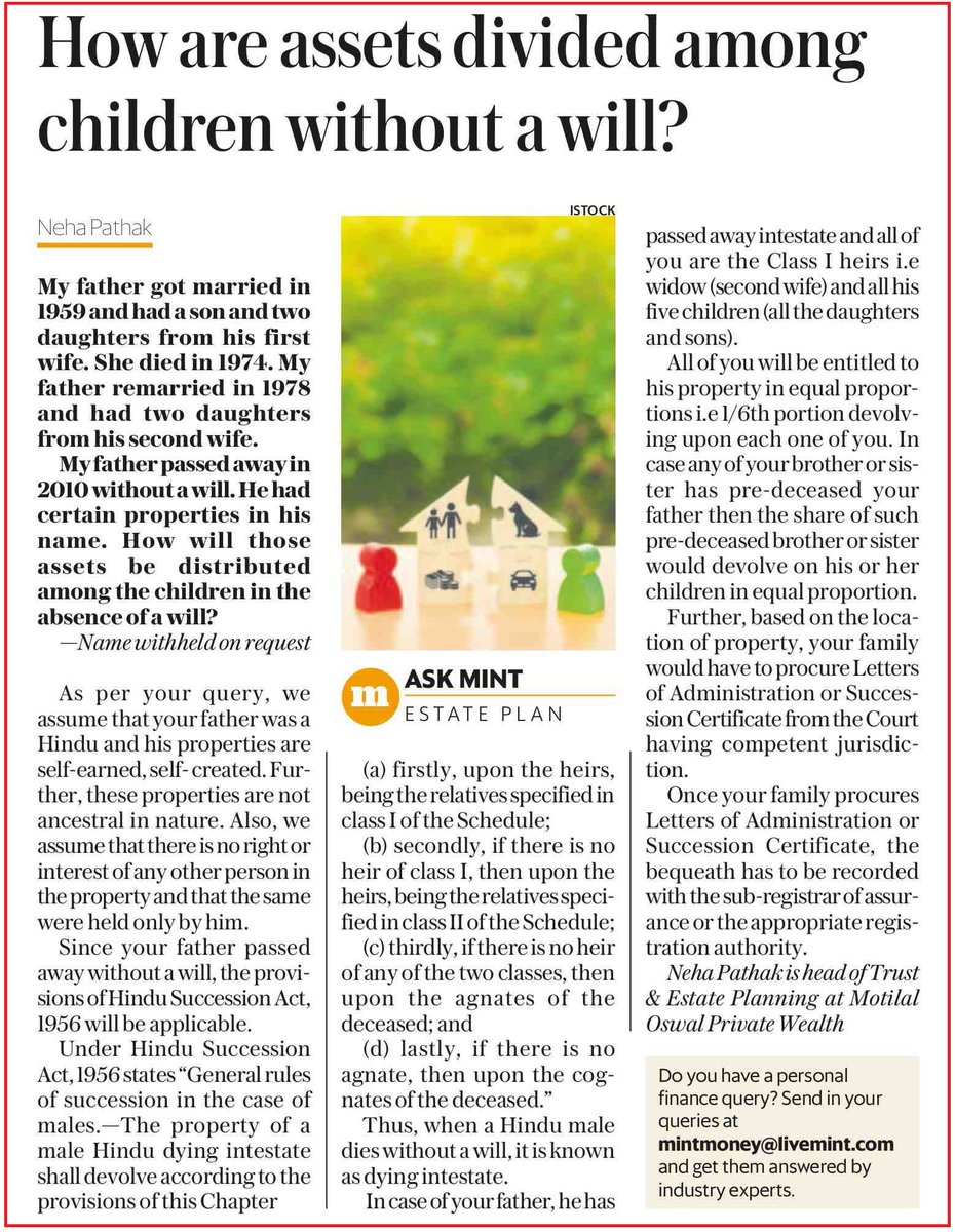MotilalOswalPW's tweet photo. How are assets divided amongst children without a will as per the Hindu Succession Act 1956? Know more from @pathakneha, Executive Group Vice President, Trust & Estate Planning, in the Q&A section of @livemint.
#WealthManagement #WillMaking #IndianLaw #AskTheExpert https://t.co/W2grP0X13N