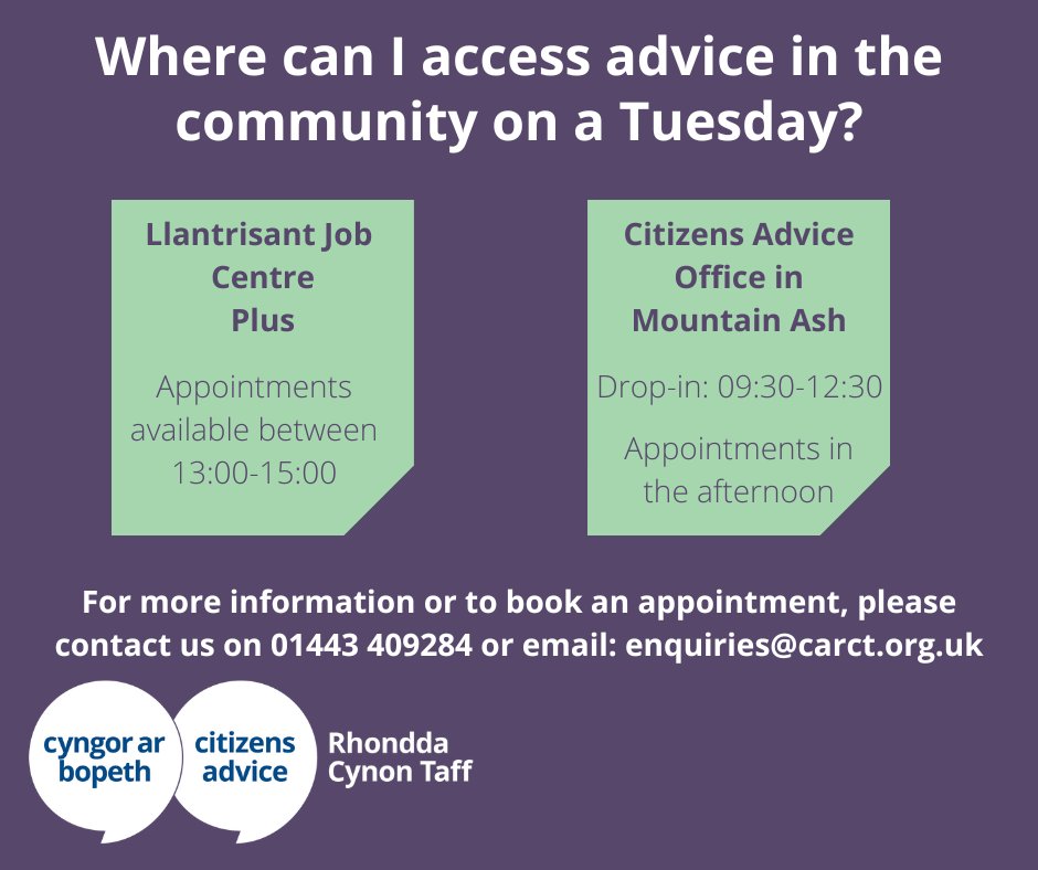 📌 Where can I get advice today?
Where 📍 Citizens Advice Mountain Ash
When⏰ 09:30-12:30
How ▶️ In-person, telephone, videocall 

In-person appointments are available at Llantrisant Job Centre between 13:00-15:00

For more info or to book an appointment, call 01443 409284