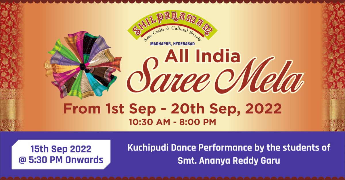 shilparamamhyd's tweet photo. Kuchipudi performance by the students of Smt. Ananya Reddy Garu.
Venue: Shilparamam
Date: 15th Sep 2022
Time: 05:30 PM
#kuchipudi #Bharatanatyam #sareemela #shilparamamevents #madhapur #hydevents #yderabad https://t.co/RXgLFaN1na
