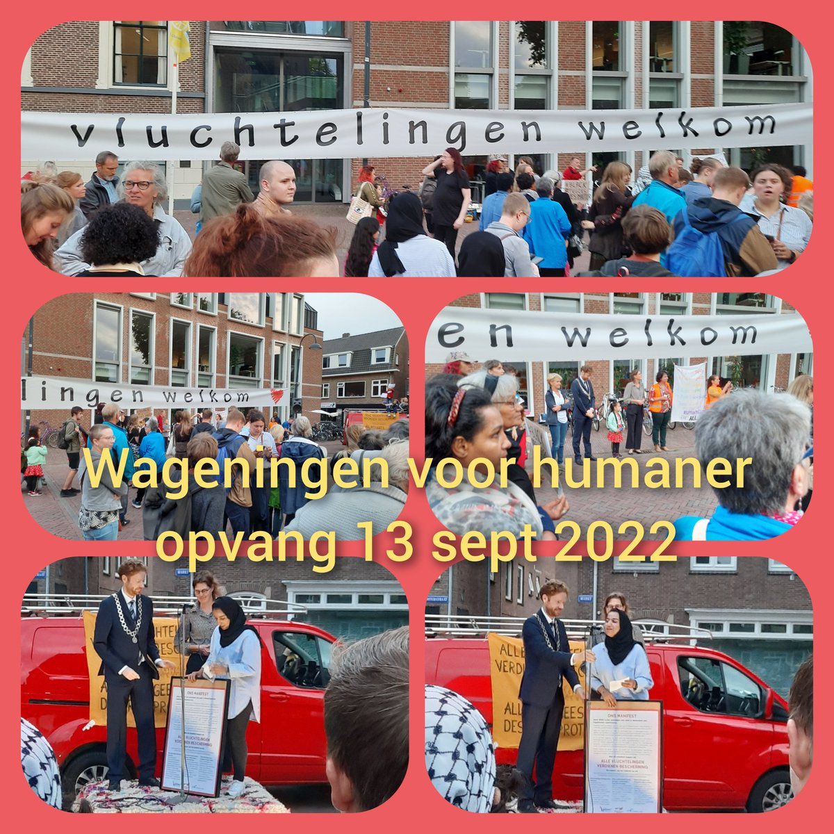 Spreker: "Wat is er gebeurd met de gastvrijheid van 30 jaar geleden toen ik kwam?" en "We kunnen niet blind zijn voor wat er nu speelt!"  Op de Markt in Wageningen werd een manifest aangeboden. <a href="/Welsaam1/">Welsaam</a>