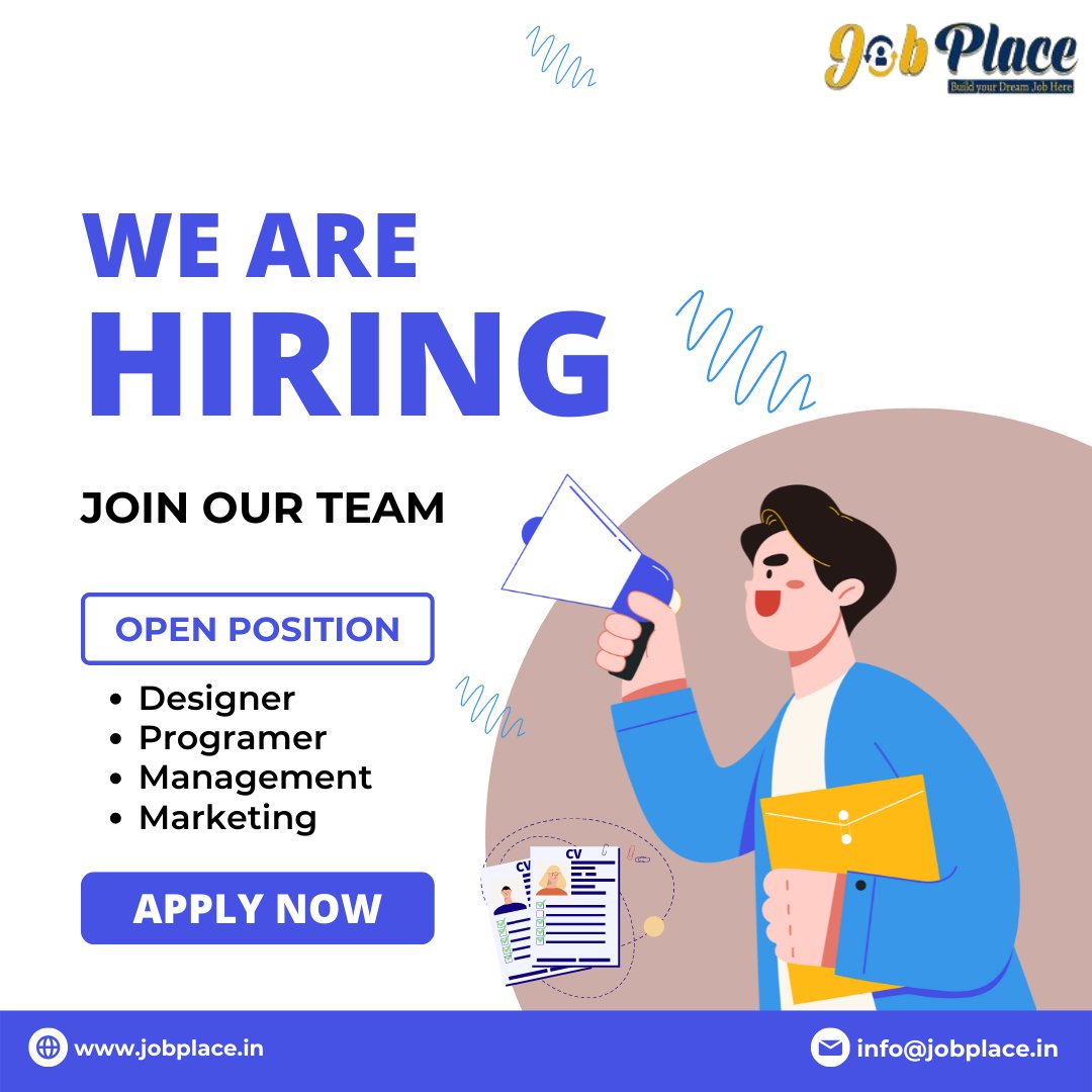 WE ARE HIRING 
> Designer 
> Programer 
> Management
> Marketing 
Apply Now :- jobplace.in
Send Your CV :- info@jobplace.in
#new #update #latest_job #today #resume #hiring #job_seeker #employment #recruitment #digital_marketing