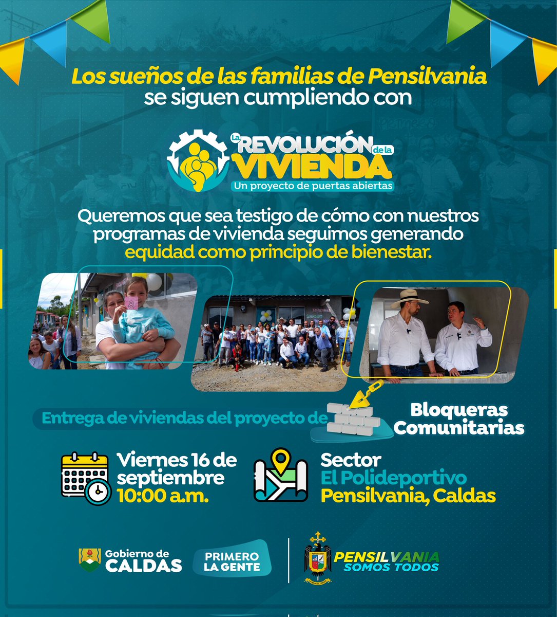 PDACaldas's tweet photo. Seguimos transformando la calidad de vida de las familias caldenses. Este próximo viernes sumaremos 10 nuevos propietarios a nuestro libro de la #RevoluciónDeLaVivienda. Familias de Pensilvania serán las protagonistas gracias a nuestras #BloquerasComunitarias. 

¡Los esperamos! https://t.co/Bfe6u8nmDr