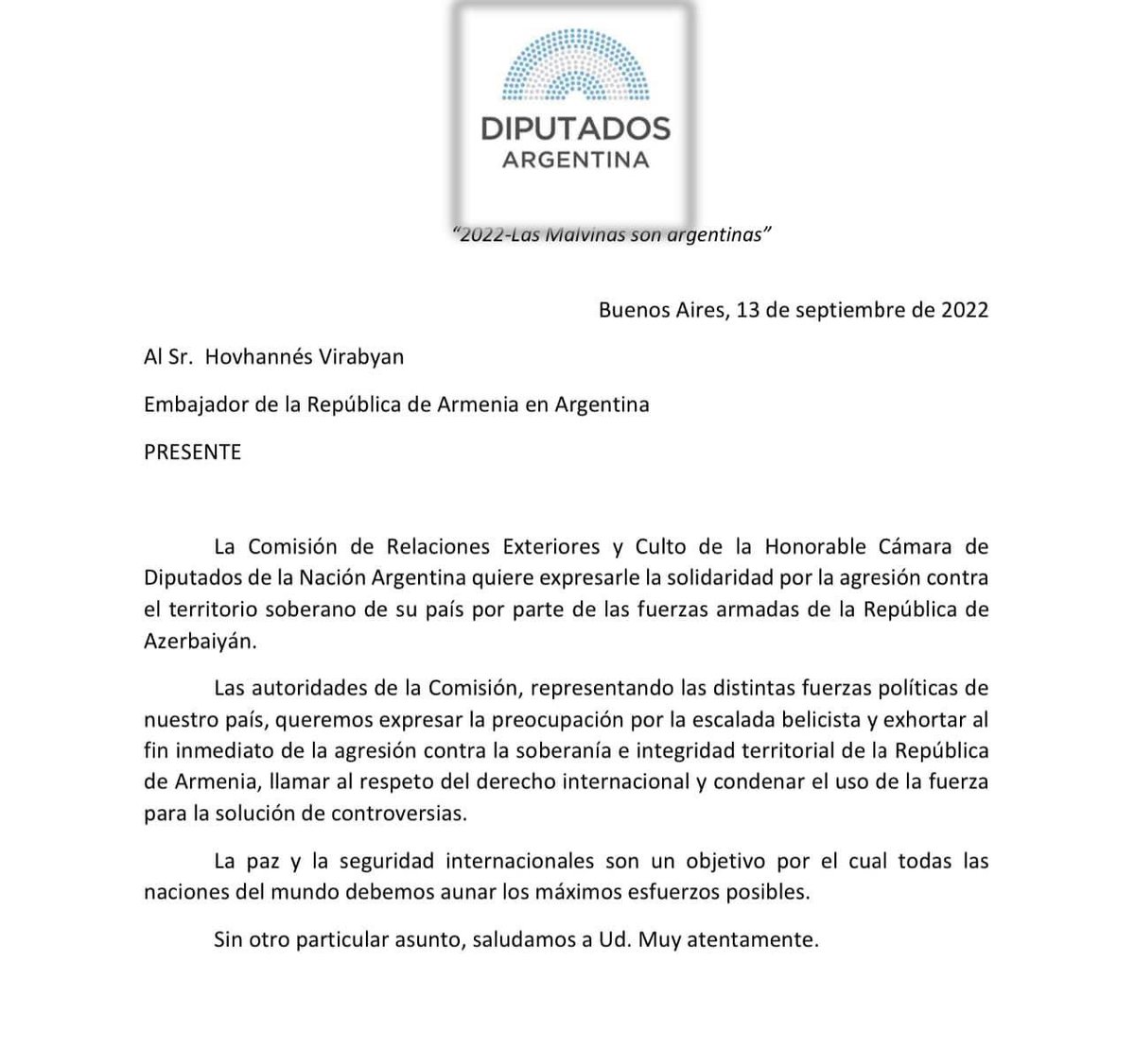 armembargentina's tweet photo. La carta de solidaridad de la Comisión de Relaciones Internacionales y Culto de @DiputadosAR dirigida al Embajador @H_Virabyan. https://t.co/Mc543j2mwZ