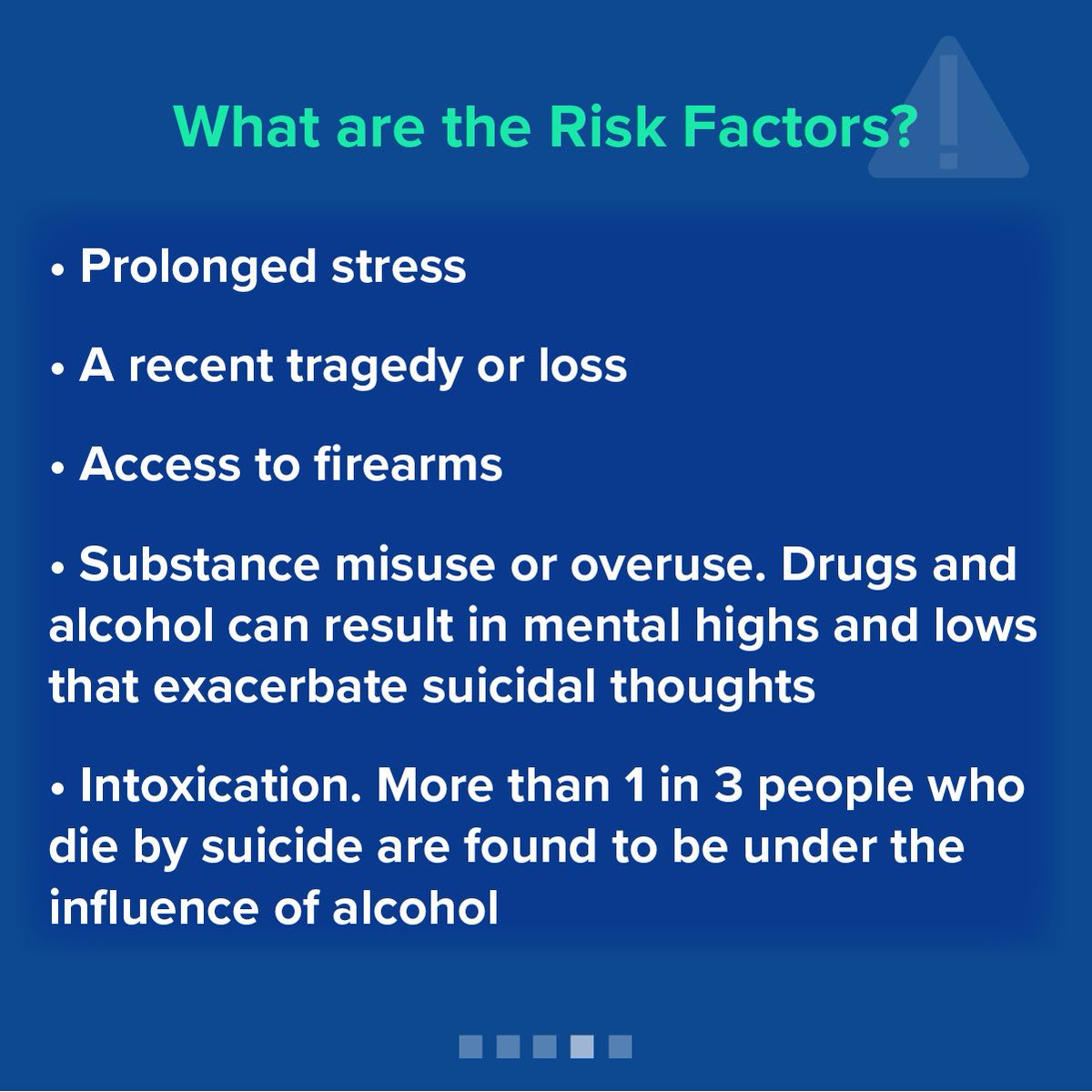 Thoughts of suicide can be frightening. But by reaching out for help or checking in with family and friends, we can avoid devastating outcomes. Swipe to learn about the risk factors of suicide.

#SuicidePreventionAwarenessMonth #Together4MH