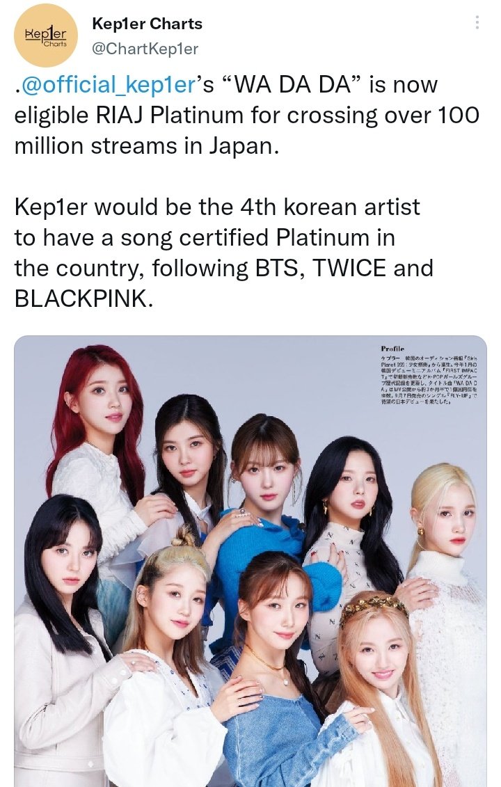 hi_syeun's tweet photo. kep1er along with 3 big groups (bts, twice &amp; blackpink). the 4th korean artist, first and only 4th gen group to achieve this. mind you, japan's the 2nd largest music market in the world LET THAT SINK IN https://t.co/xLT8DrkIu7