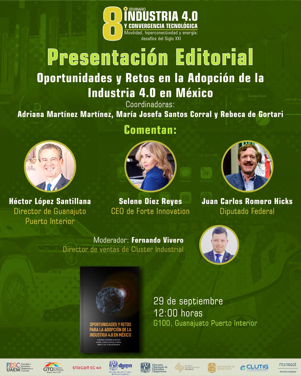 CtI40's tweet photo. ⚠️ 📣 La @ENESUNAMLEON y @PuertoInterior invitan a: 

#PresentaciónEditorial 📚: Oportunidades y Retos en la Adopción de la #Industria40 en México.

📅 29/09, 12:00 hrs

G100

Registro 💻 https://t.co/Szw1A09zbZ https://t.co/6xSlErq0YS