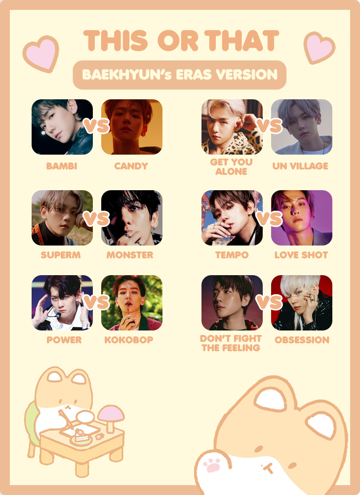 🎮 Let's play!: This or that - Baekhyun's eras version 'ㅅ'💛

엑소 백현 #BAEKHYUN #백현 #ベクヒョン 
<a href="/B_hundred_Hyun/">Baekhyun_EXO</a>