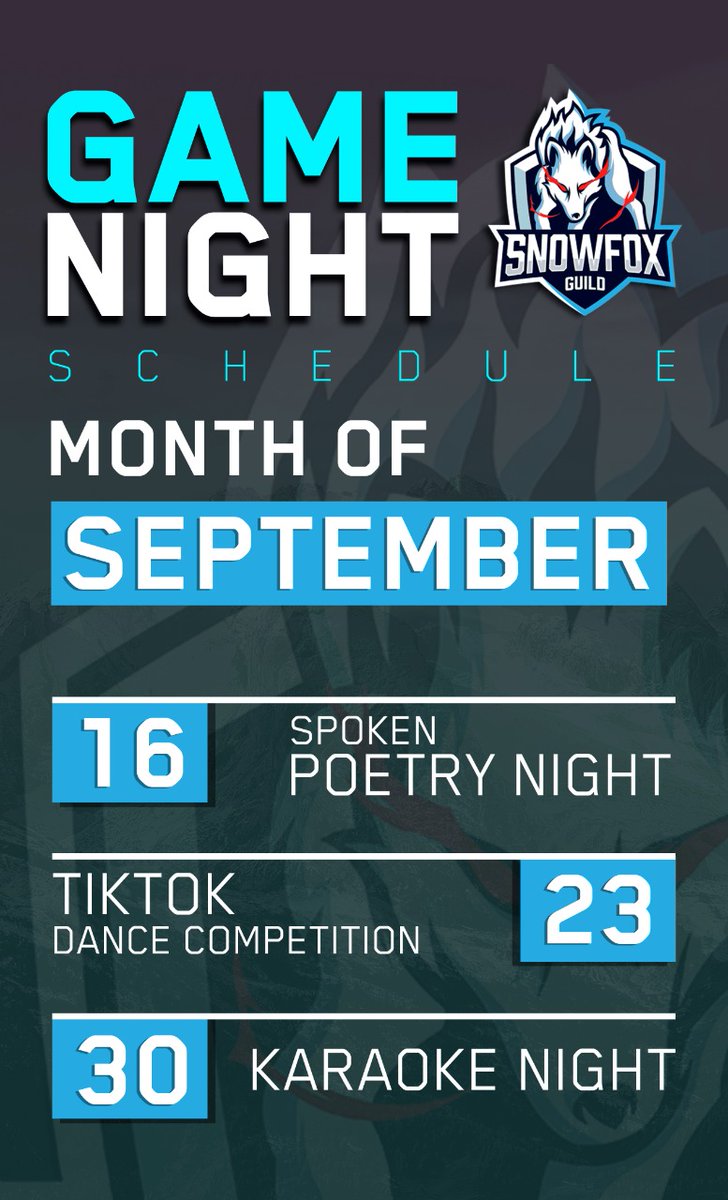 SnowfoxGuild's tweet photo. ๐จSnowfox Guild Monthly Games Schedule ๐บ
Here's a timeline you may follow to get a glimpse of what's going to happen in September! ๐๐
See you and Good Luck! ๐๐ค๐ธ
#SnowfoxGuild #Giveaway #Gamenight https://t.co/PlIvLiLefz