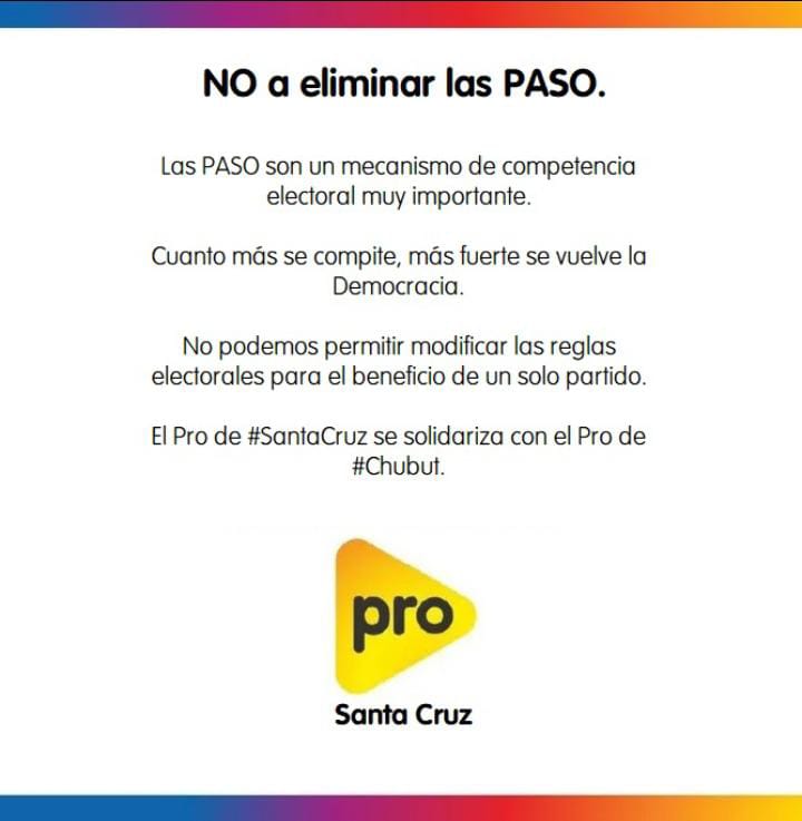 lauryseo's tweet photo. Desde el #ProSantaCruz nos solidarizamos con el #ProChubut y decimos #NoAEliminarLasPasoEnChubut.
No podemos permitir modicar las reglas electorales para el beneficio de un solo partido.
@proargentina @PROcomodoroR1 @AnaClaraRomer @NachoTorresCH @SoniaCavagnini @MarceloDCano https://t.co/fPPX8cFs4r
