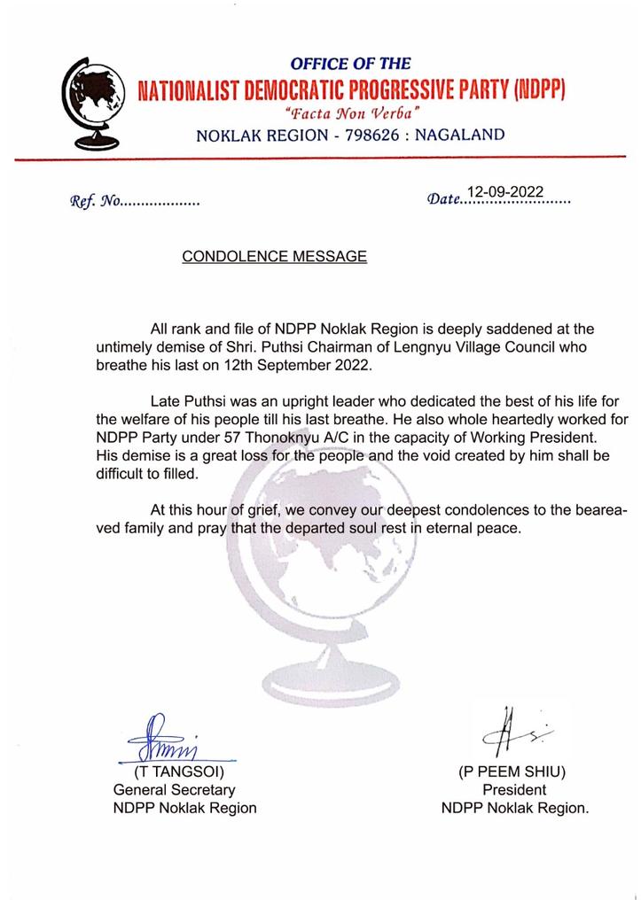 NDPP Noklak Region Condoles Former Working President NDPP 57 Thonoknyu A/C.