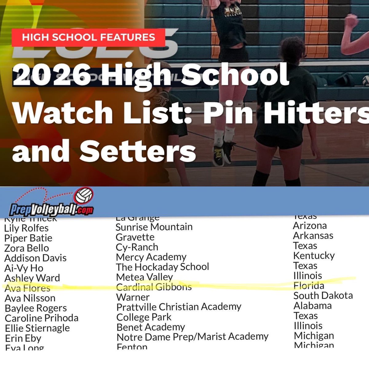 Gibbons_Vball's tweet photo. Congratulations to our Varsity setter- Ava Flores- c/o 2026 PrepVolleyball watch list! 💪🏐❤️ @CGHSChiefs https://t.co/vd52pcsA6g