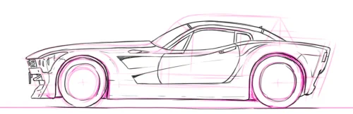 これは以前描いた横から見た車の絵を歪めて並べて立体的な絵に出来ないかを試した時のです めんどかったです 