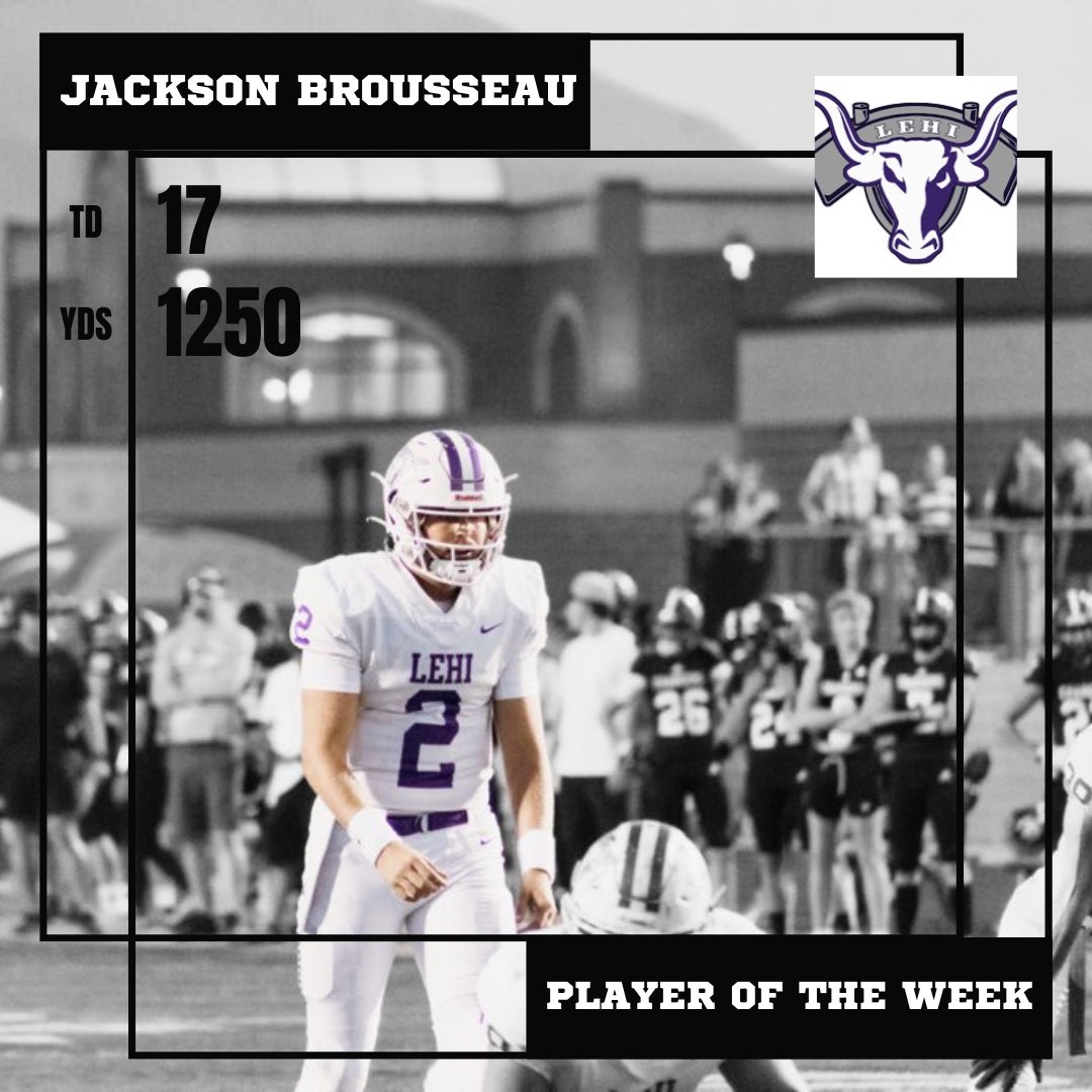 @jacksonb2023 was the QB of the pre-season All State Team and has wild stats this season with no end in sight! When asked what advice he had for younger players, he quoted William Henley and said, “I am the master of my fate, I am the captain of my soul.” @LehiFootball