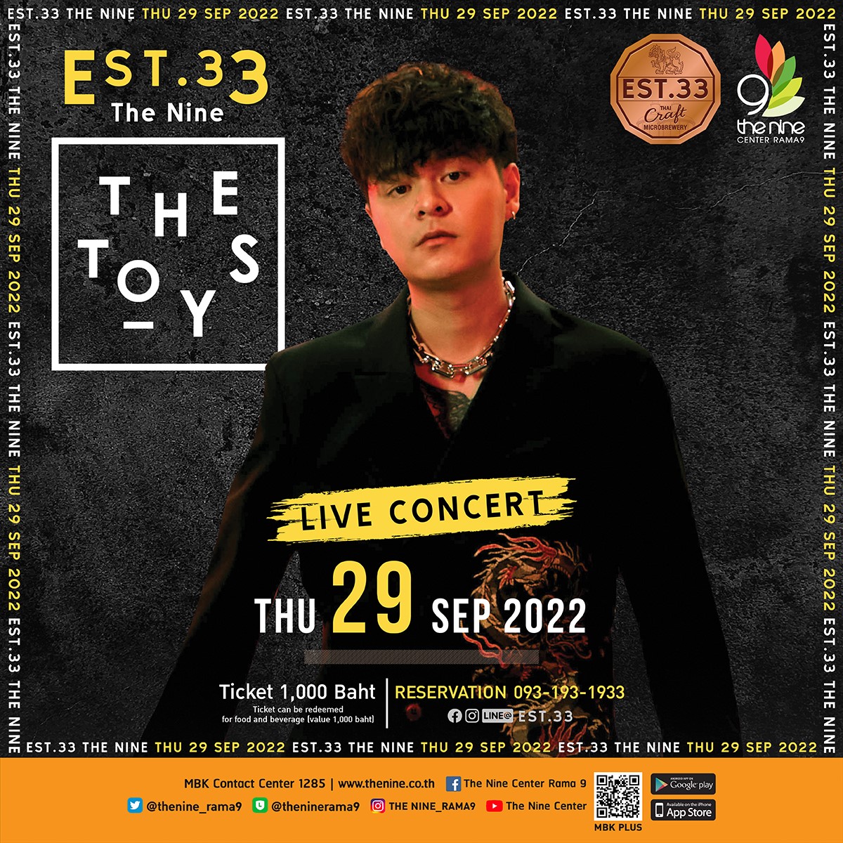 thenine_rama9's tweet photo. 📣 [#ประกาศ] #TheToys กำลังจะมาสะกดทุกคนให้เข้าไปอยู่ในภวังค์กับเสียงร้องสุดกินใจและการโซโล่กีตาร์ขั้นเทพแบบใกล้ชิดสุด ๆ ในวันที่ 29 ก.ย. นี้
.
📍 ที่ร้าน #EST33 สาขา #เดอะไนน์เซ็นเตอร์พระราม9
👉🏻 https://t.co/MgUxhlFXYJ
.
#TheNineCenterRama9 #Tasteoflife #Craft #Liveband https://t.co/y5mr7VGnkY