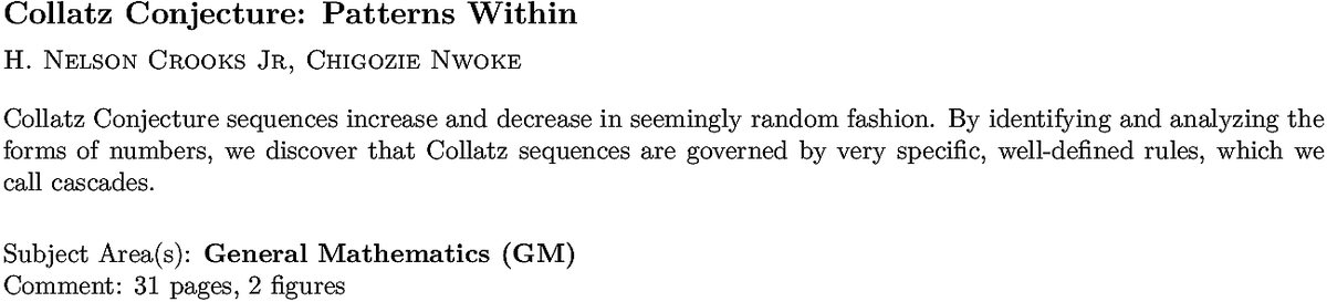arxiv.org/abs/2209.05995…
H N C Jr, C Nwoke
Collatz Conjecture: Patterns Within