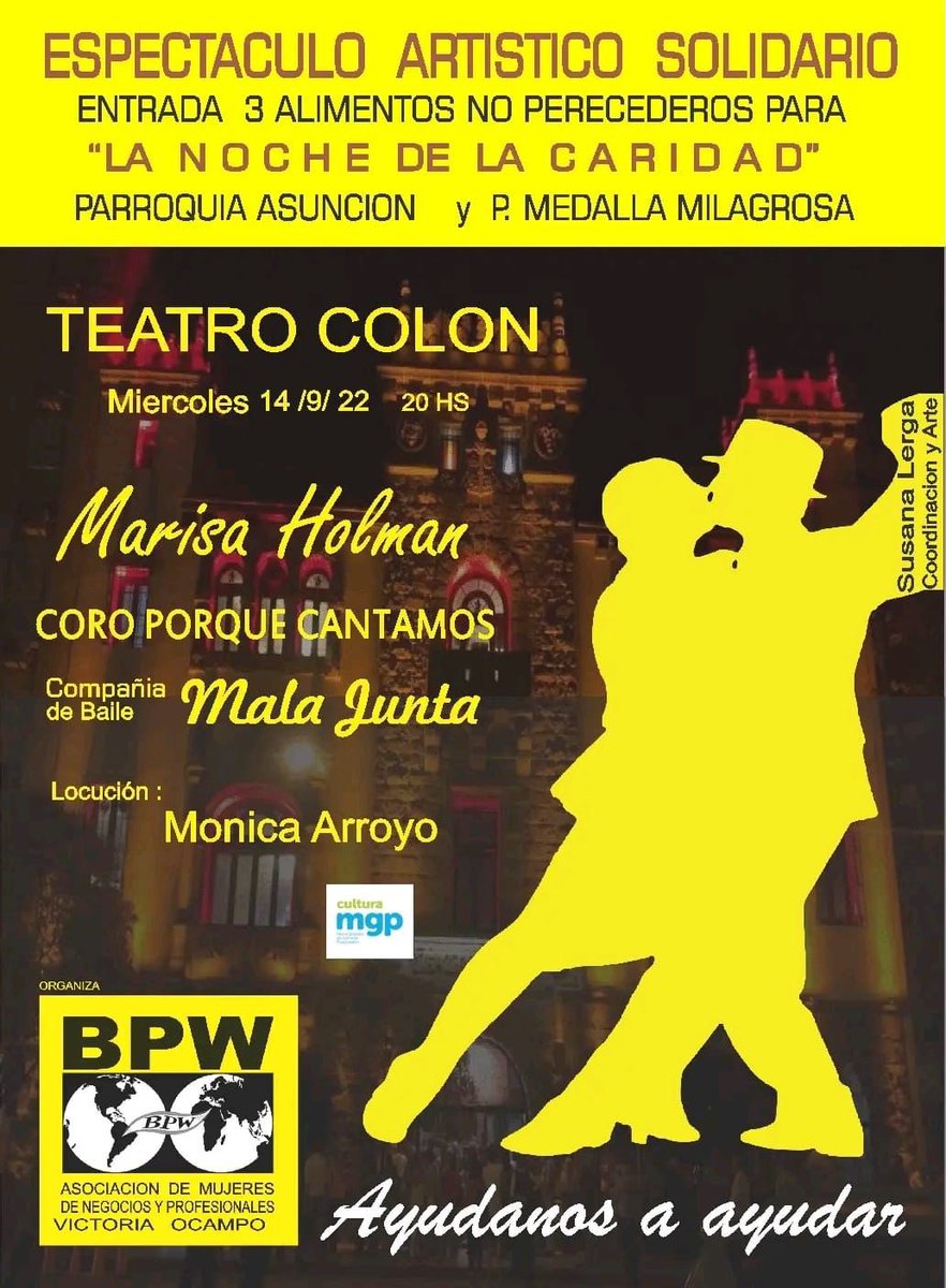 📌BPW Mar del Plata Victoria Ocampo organiza e invita al espectáculo solidario a beneficio de “La noche de la Caridad” de las Parroquia de la Asunción y de la Medalla Milagrosa
📍Noche especial para disfrutar y compartir