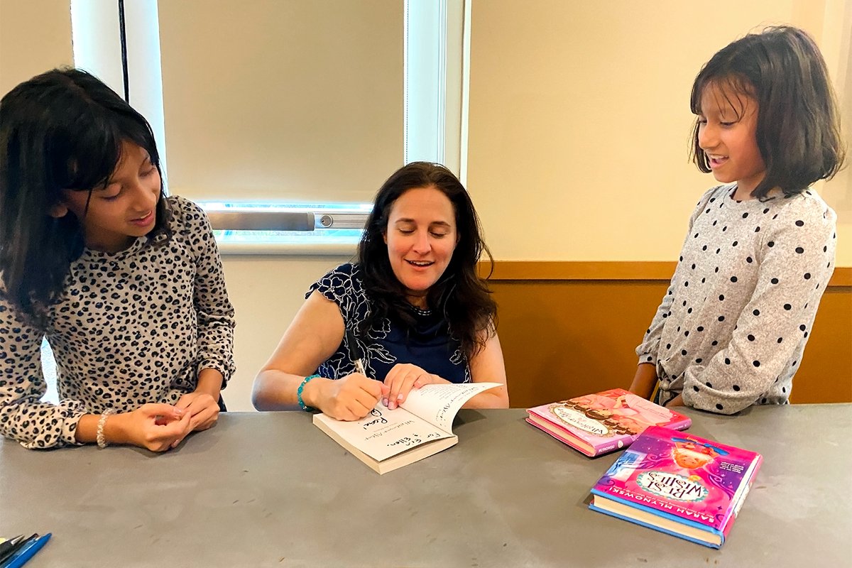 dibesh's tweet photo. Ellen and Erin meeting with their favorite author @SarahMlynowski at @LivLibrary. Thank you for stoping by inspiring them and signing their copies. #SarahMlynowski #whateverafter #bestwishes #AuthorEvents #BookSignings https://t.co/BItsQLQU6e