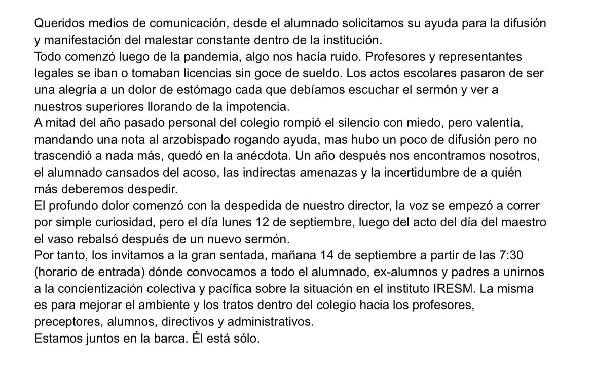 andyferreyra's tweet photo. 🔴Escándalo en una escuela de Carlos Paz: alumnos y docentes se manifiestan contra el cura párroco Mario Bernabey (autoridad del colegio y padre de la Iglesia principal de la ciudad) por maltrato y graves pronunciaciones en las aulas.
Exigen la intervención de @IglesiaCordoba. https://t.co/OZzjncRh6T