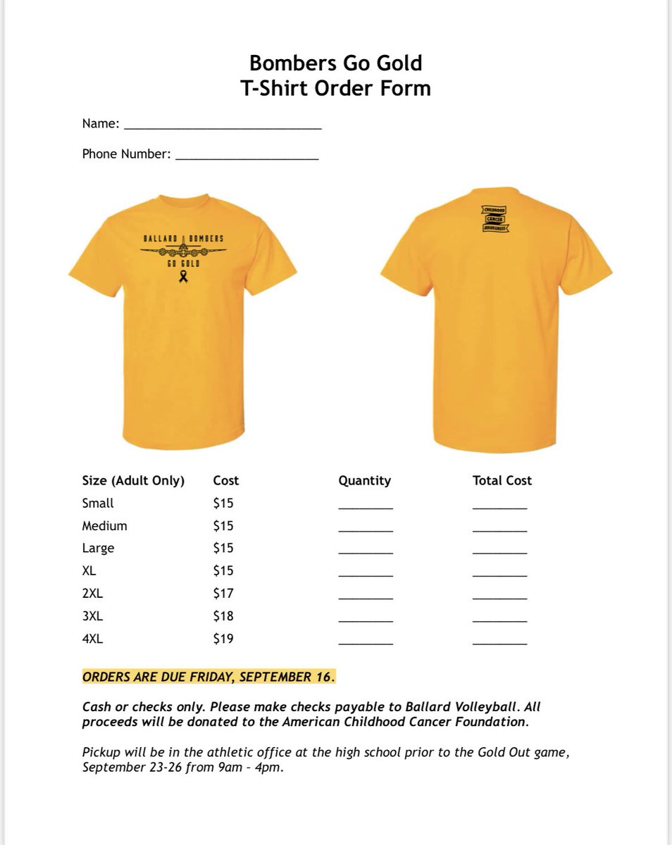 ballardvball's tweet photo. 🎗BOMBERS GO GOLD🎗
Ballard Volleyball will be hosting a Going Gold, on September 27. We’ll be raising money for the American Childhood Cancer Organization, by selling shirts! 
❓How to order: print this form, pay via check/cash, turn it into the athletics office BY SEPTEMBER 16. https://t.co/E4iZHUrDuG