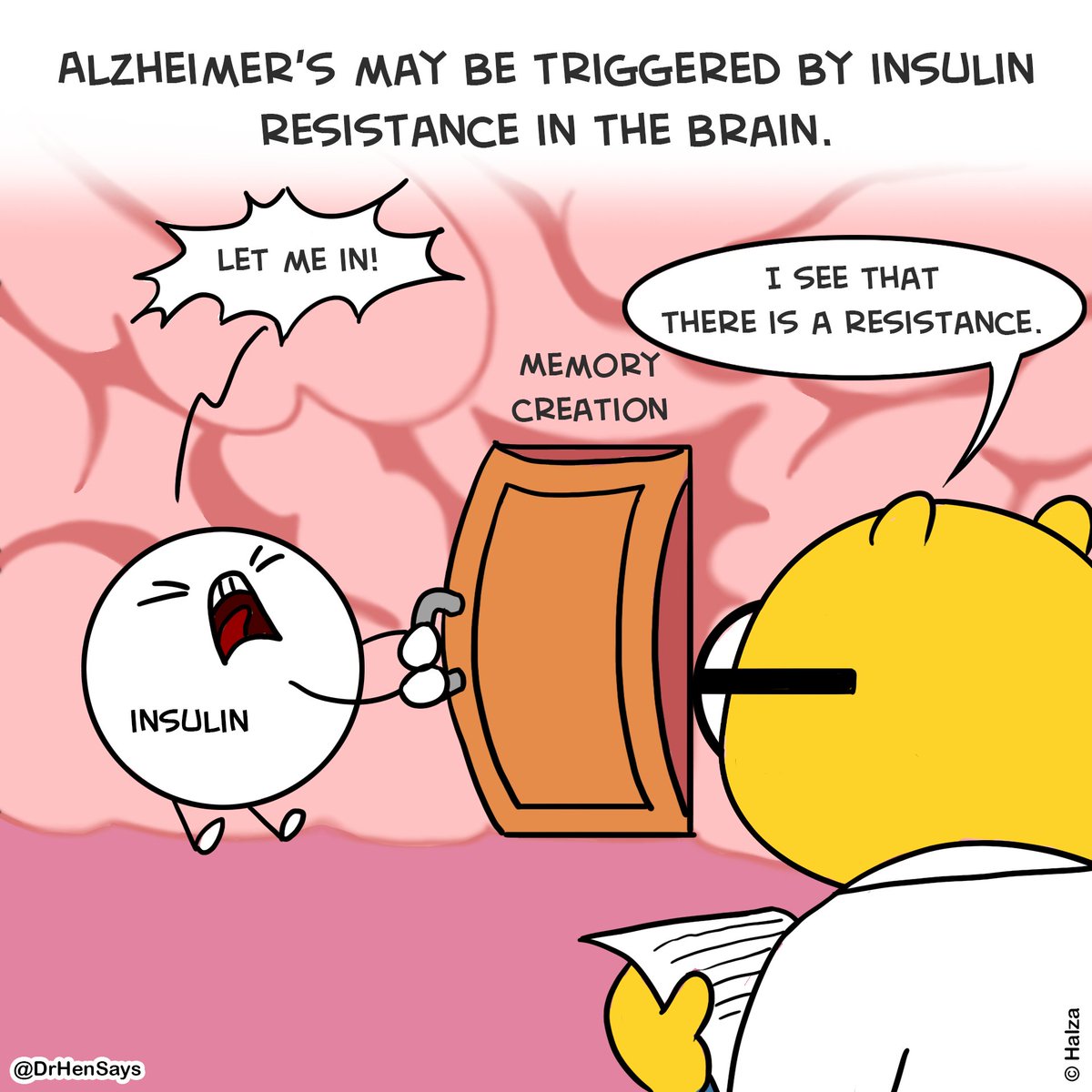 DrHenSays's tweet photo. As #insulin is used to learn &amp; form memories, some researchers have hypothesized that one of the triggers of #AlzheimersDisease is insulin resistance in the brain. This occurs when a lot of blood sugar enters the body over time &amp; it stops responding to insulin. https://t.co/Q0IIBPQMy7