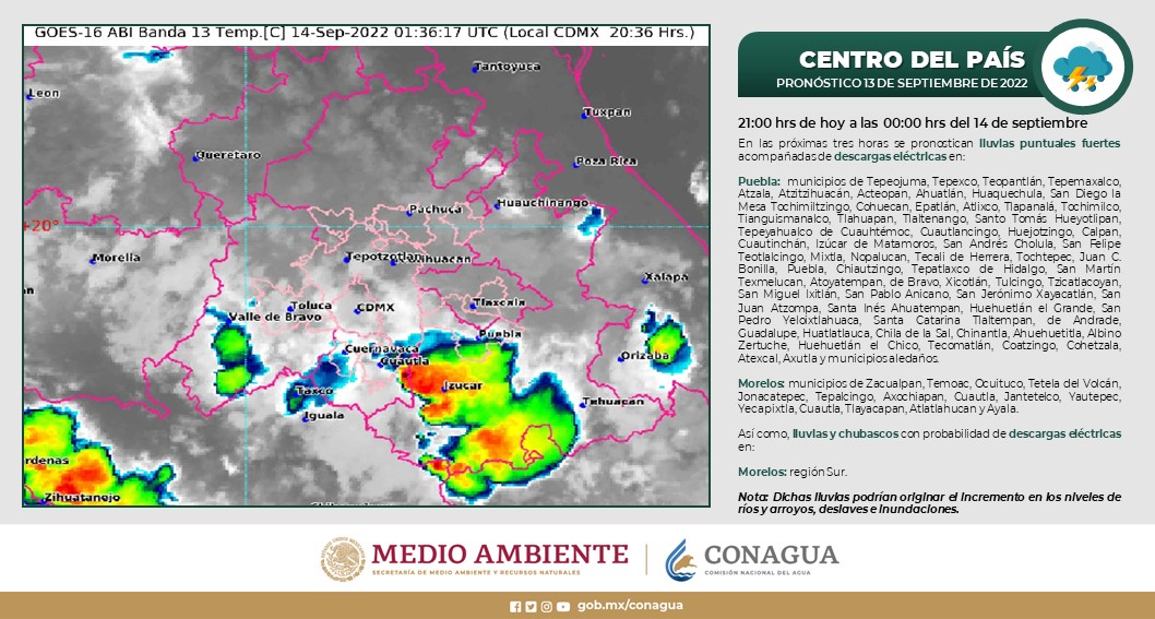 conagua_clima's tweet photo. Durante esta noche habrá #Lluvias fuertes con #DescargasEléctricas en #Puebla, #Morelos, #Chiapas, #Oaxaca, #Tabasco, #Campeche y #Yucatán. En #QuintanaRoo se presentarán #Chubascos. Más información en cada una de las imágenes https://t.co/dRIRocdmei