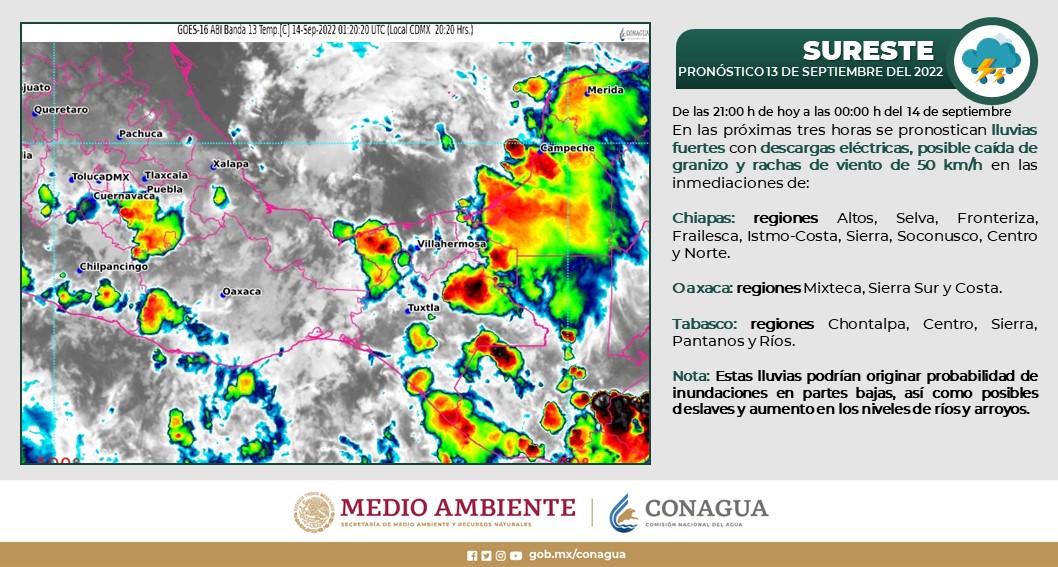 conagua_clima's tweet photo. Durante esta noche habrá #Lluvias fuertes con #DescargasEléctricas en #Puebla, #Morelos, #Chiapas, #Oaxaca, #Tabasco, #Campeche y #Yucatán. En #QuintanaRoo se presentarán #Chubascos. Más información en cada una de las imágenes https://t.co/dRIRocdmei