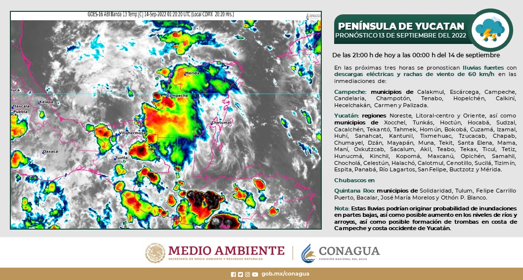 conagua_clima's tweet photo. Durante esta noche habrá #Lluvias fuertes con #DescargasEléctricas en #Puebla, #Morelos, #Chiapas, #Oaxaca, #Tabasco, #Campeche y #Yucatán. En #QuintanaRoo se presentarán #Chubascos. Más información en cada una de las imágenes https://t.co/dRIRocdmei
