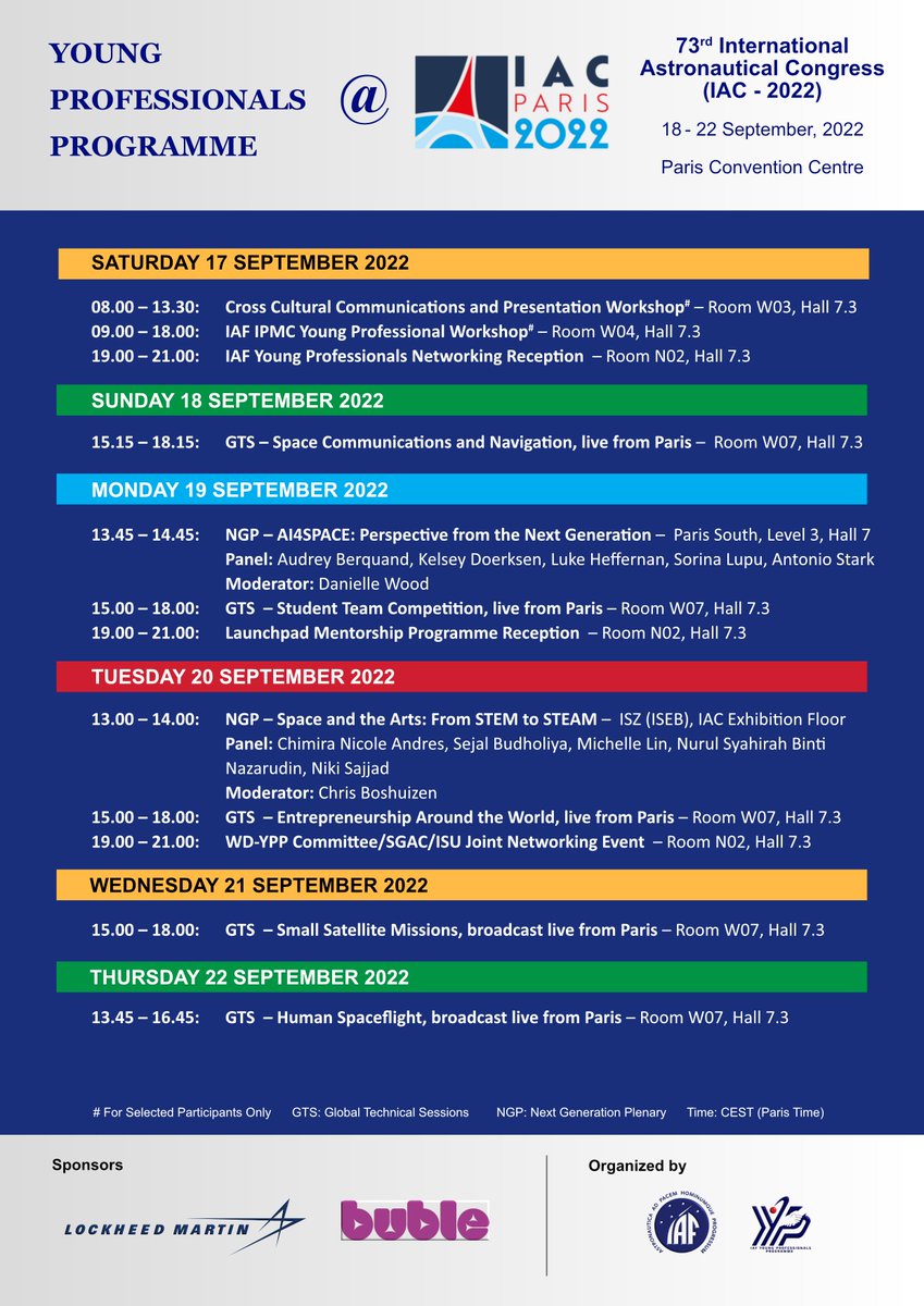 Greetings, <a href="/IAFYPP/">IAF YP Program</a> Young Professionals, the final program is pinned below. Don't miss the opportunities and networking benefits that <a href="/iafastro/">IAF</a>  #IAC2022 has to offer.  The events commence on Saturday, September 17, 2022. See you there 👍😀
