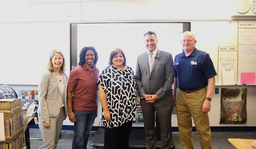 Brian Sandoval (@pres_sandoval) on Twitter photo It was a great morning visiting <a href="/ClarkCountySch/">CCSD</a>'s Spring Valley High School with @DallasHarrisNV to celebrate <a href="/unevadareno/">University of Nevada, Reno</a> alumni teaching in the @CCSDCommunity. Today, we honored teacher Amy DeVaul, who graduated with her BA in English, <a href="/UNRLiberalArts/">UNR Liberal Arts</a>. #GoPack #ElevateHumanity It was a great morning visiting <a href="/ClarkCountySch/">CCSD</a>'s Spring Valley High School with @DallasHarrisNV to celebrate <a href="/unevadareno/">University of Nevada, Reno</a> alumni teaching in the @CCSDCommunity. Today, we honored teacher Amy DeVaul, who graduated with her BA in English, <a href="/UNRLiberalArts/">UNR Liberal Arts</a>. #GoPack #ElevateHumanity