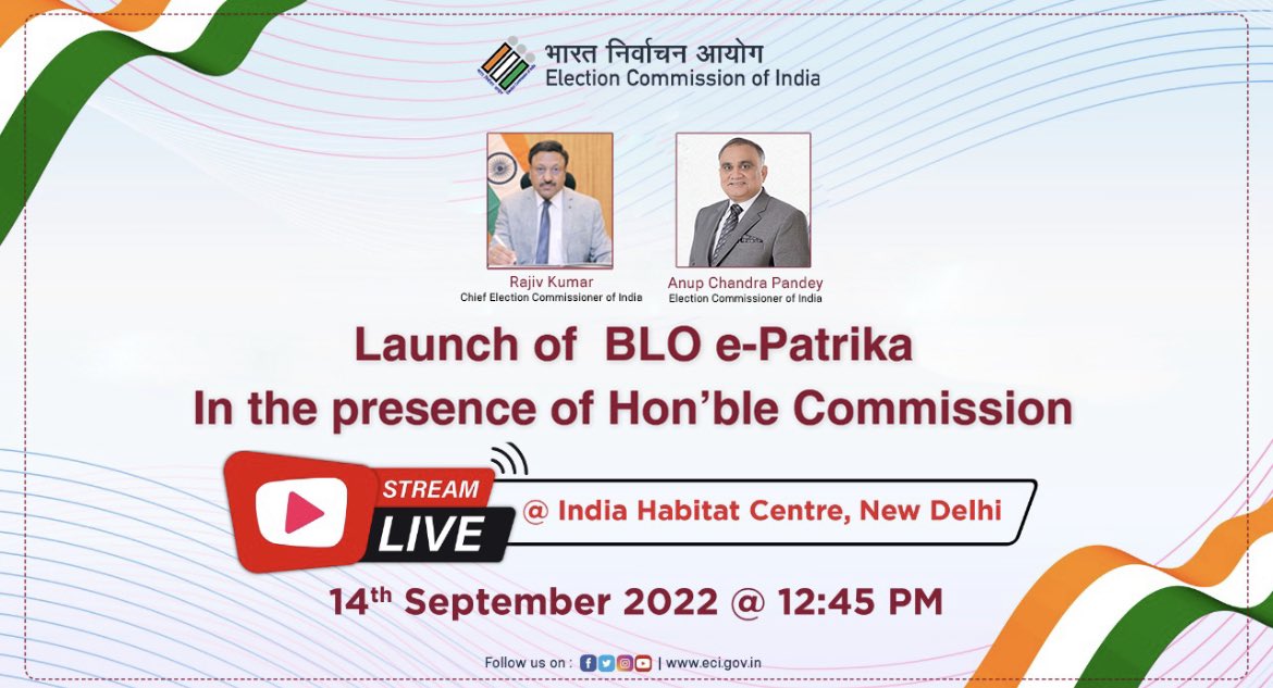 ECISVEEP's tweet photo. CEC Shri Rajiv Kumar along with EC Shri Anup Chandra Pandey to launch a new ECI initiative - ‘BLO e-Patrika’ today at 12:45 pm. 

Watch live : 
https://t.co/Tfs4DceGuv https://t.co/7qjdajwGVm