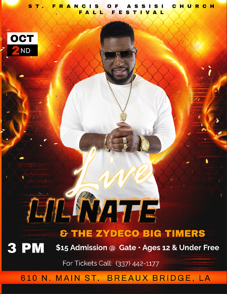 SFABreauxBridge's tweet photo. Lil Nate & The Zydeco Big Timers will perform live at this year's Fall Festival!
St. Francis of Assisi Church Grounds
Sunday, Oct. 2nd
3:00 p.m.
Gate opens @ 1:30 p.m.
#StFrancisofAssisi #FallFestival #LilNate #Zydeco https://t.co/CvXMXUXaoU