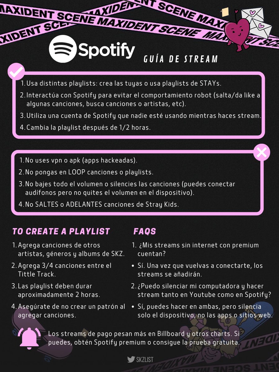 skzlist's tweet photo. ↳ Guide to stream and create a playlist on Spotify: 
[ENG / ESP]

🖇️ Pre-save: https://t.co/zB390yuYqB
@Stray_Kids #StrayKids #스트레이키즈 
#MAXIDENT #StrayKidsComeback https://t.co/t047OasRRW