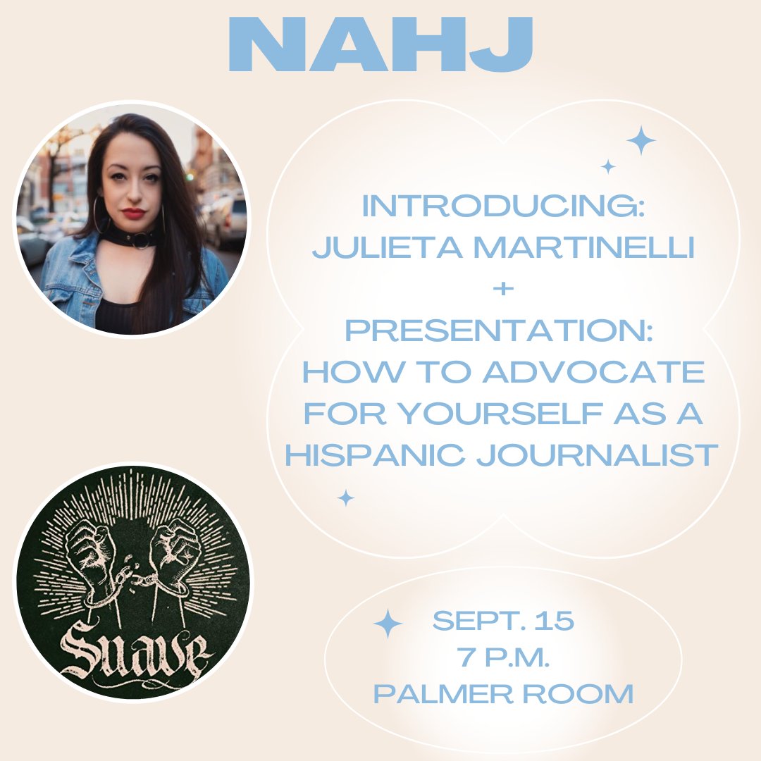 Join us in our upcoming GBM this Thursday, where we'll be learning about an award-winning Latina reporter, Julieta Martinelli, and discussing how to advocate for yourself! We'll see you there 🗞 🌟