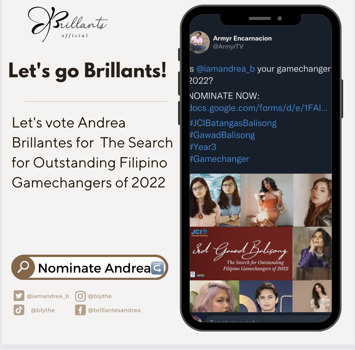 BrillantsOFC's tweet photo. Hi,Brillants! Let's vote Andrea Brillantes for 3rd Gawad Balisong: The Search for Outstanding Filipino Gamechangers of 2022

You can "Nominate" Andrea by clicking the link ↪️https://t.co/IxkUTgyFKb

#AndreaBrillantes  | BLYTHE https://t.co/TWblUbGBLt