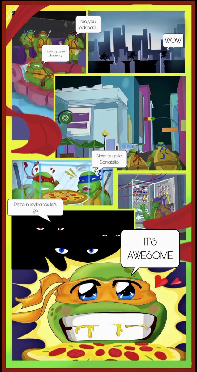 NFT_ART4__'s tweet photo. FINALLY my comic is done✅ It turned out to be a very funny story.  I think pizza is sacred🍕🍕🍕.                    How do you like my comic, please write in the comments)) #nft #NFTMarketplace #whitelist #NFTCommunity #nftCollection #NFTGiveaway https://t.co/6MDHaxd1kG