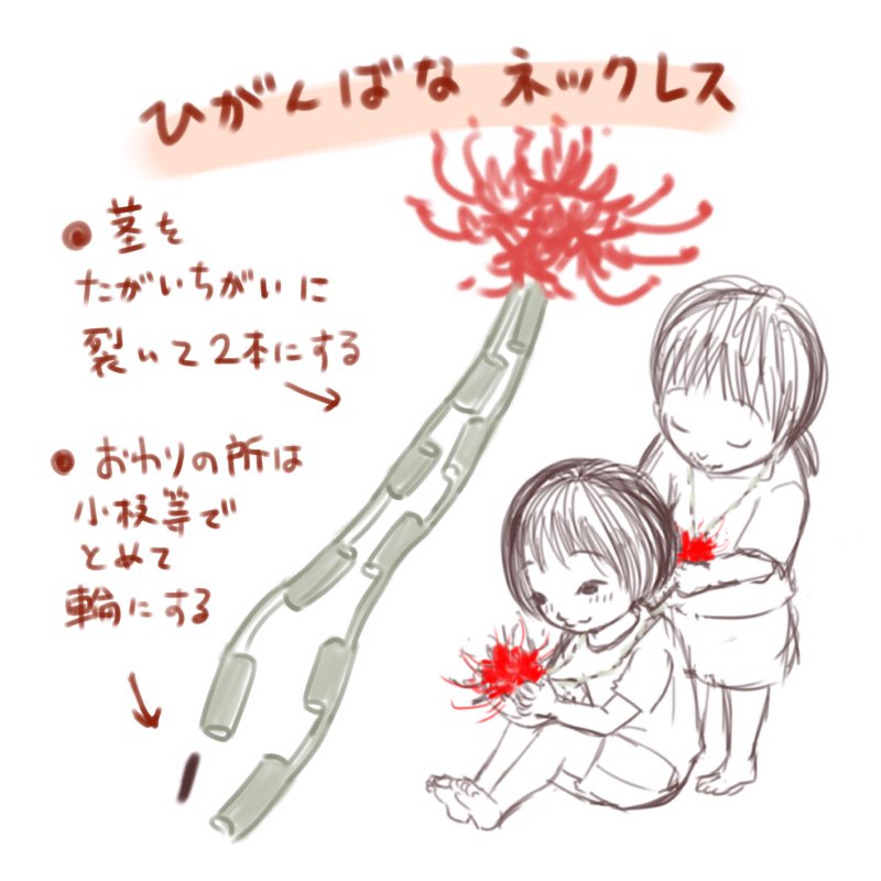 はぐもふ S Tweet 道端にもう彼岸花が咲いてました 昔彼岸花でこんなのよく作って遊ばなかった 今は毒があるから触るなって言われるみたいだけど いい大人だからやらないけどほんとはまた作りたくてしょうがない ひがんばな 彼岸花 彼岸花ネックレス 草花