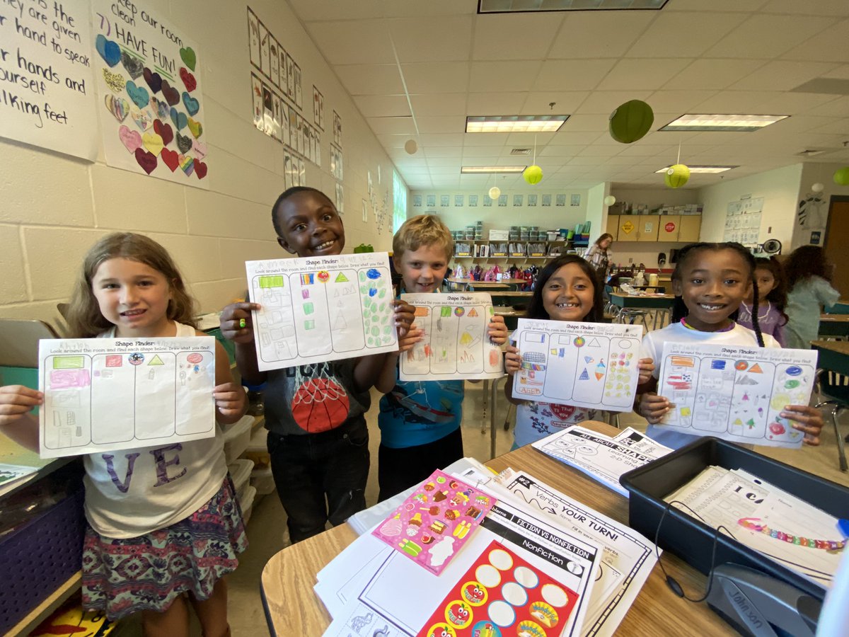 ashleymalk's tweet photo. Reviewing shapes this week in first grade at @CedarForestES. We loved walking around our classroom and finding shapes in different orientations. https://t.co/x6R5lWE3x5