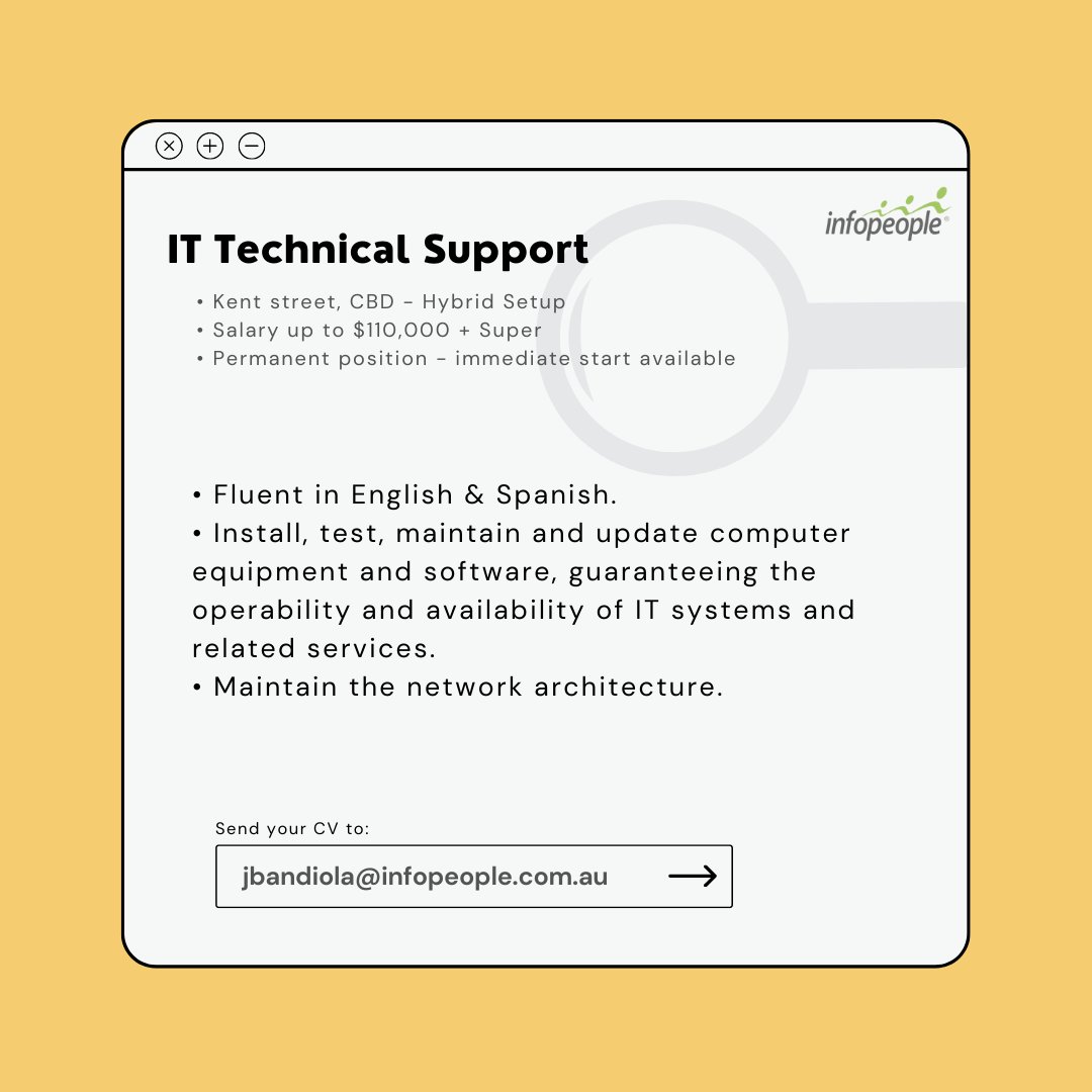 Infopeopleau's tweet image. We are hiring!

Title: IT Technical Support
Location: CBD Sydney - Hybrid
Salary up to $110,000 + Super

To know more about the role, please reach out to Josie Mae Bandiola at 02 8227 4524 / jbandiola@infopeople.com.au. Thank you!

#hiring #ITTechnicalSupport #Spanish
