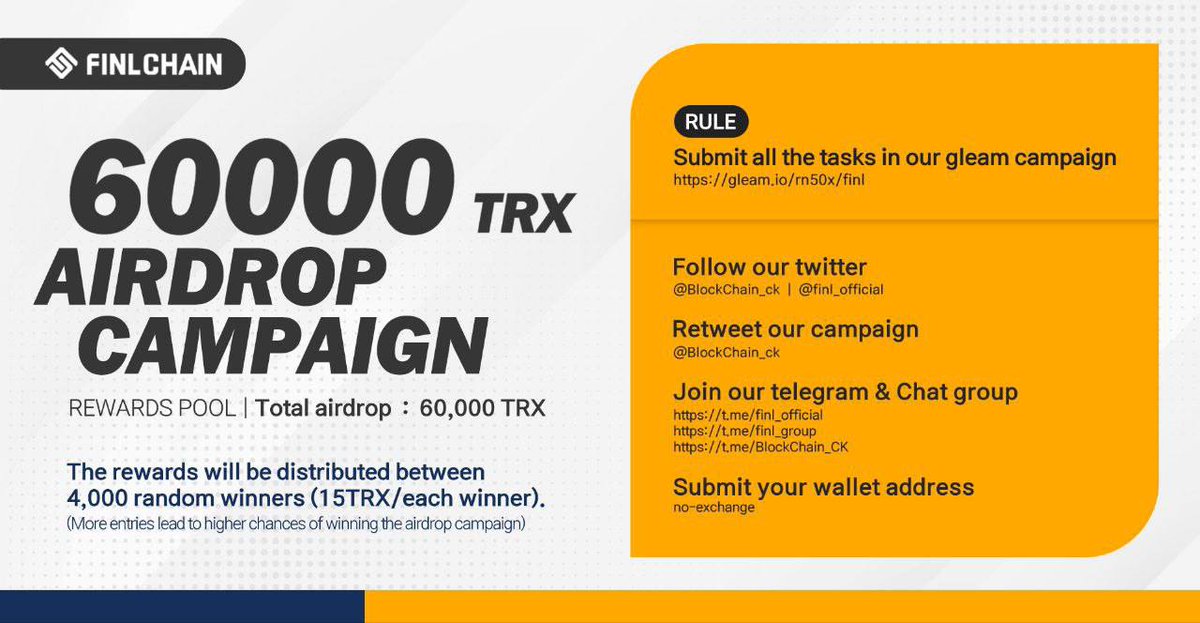 #finl is running a massive 60,000TRX #airdrop campaign in  tokens!

Join our gleam competition:
🔗gleam.io/rn50x/finl

Page with curl Follow all the rules and tag your friends to join the airdrop campaign!

#Metaverse #Giveaway