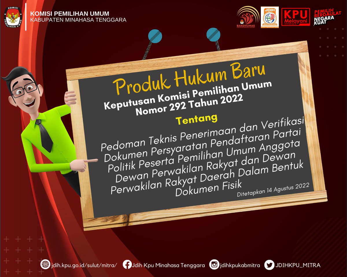JDIHKPU_MITRA's tweet photo. #sobatjdihkpu Kpt KPU No. 292 Tahun 2022 tentang Pedoman Teknis Penerimaan dan Verifikasi Dokumen Persyaratan Pendaftaran Partai Politik Peserta Pemilihan Umum Anggota DPR dan DPRD Dalam Bentuk Dokumen Fisik
link download : https://t.co/TdkbHmvO03
#kpumelayani
#pemilu2024 https://t.co/Px7hAoC3iB