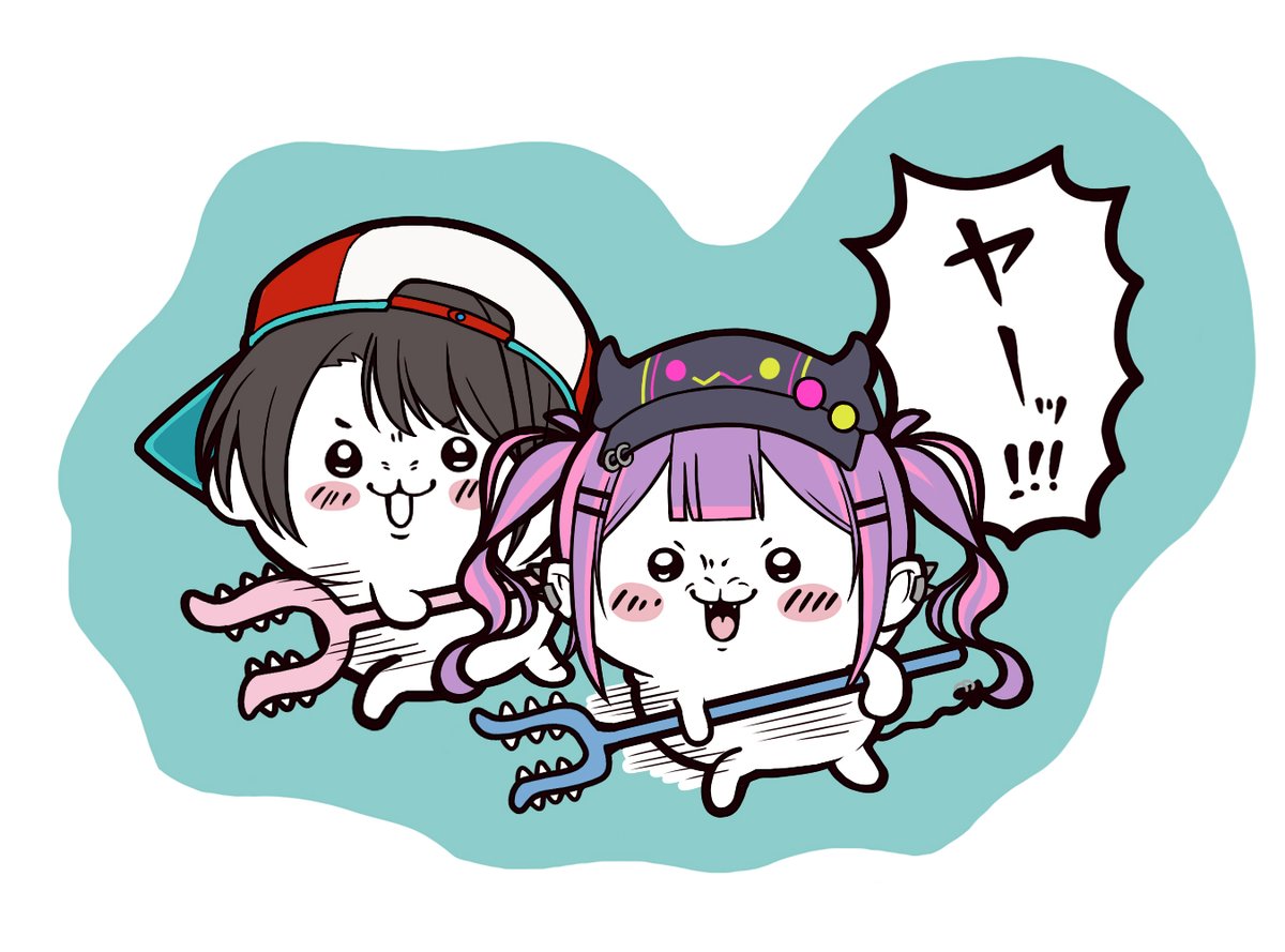 oozora subaru ,tokoyami towa hat baseball cap 2girls multiple girls twintails purple hair polearm  illustration images