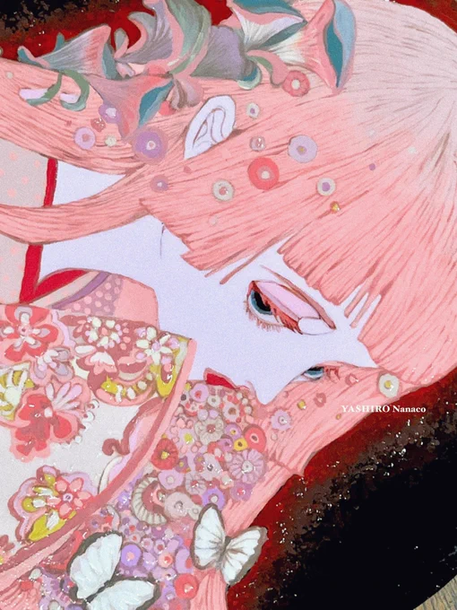「花の髪」丸キャンバスにアクリルガッシュ(画像は作品の一部)gouache on canvas 