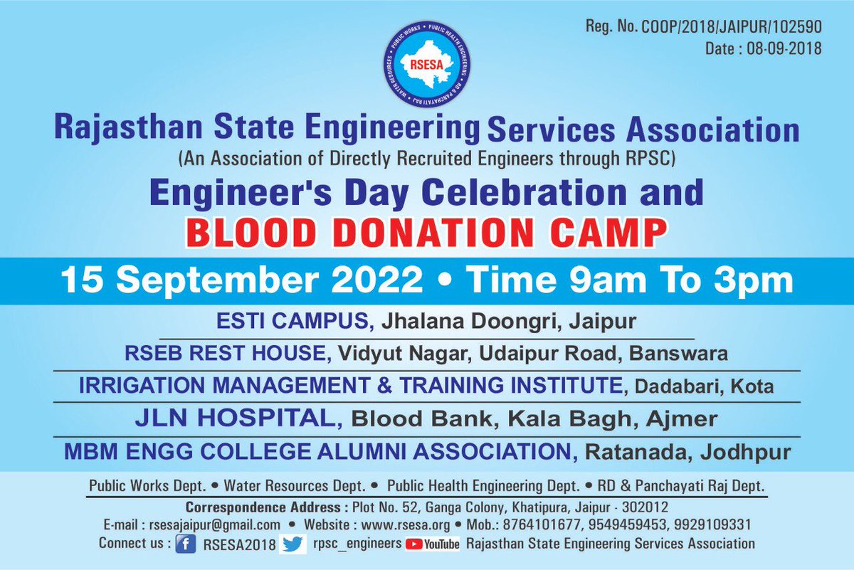 rpsc_engineers's tweet photo. 15 September अभियंता दिवस। 
साथियों, RSESA द्वारा हर वर्ष अभियंता दिवस क़े अवसर पर जयपुर, जोधपुर,कोटा,अजमेर और उदयपुर(इस बार बाँसवाडा) में रक्तदान शिविर का आयोजन किया जाता ह���। इस वर्ष क़े कार्यक्रमों की तय्यारियाँ पूरी हो चुकी है और पिछले वर्ष कुल 174 यूनिट्स डोनेट की गयी थीं https://t.co/sapUHw6uyN