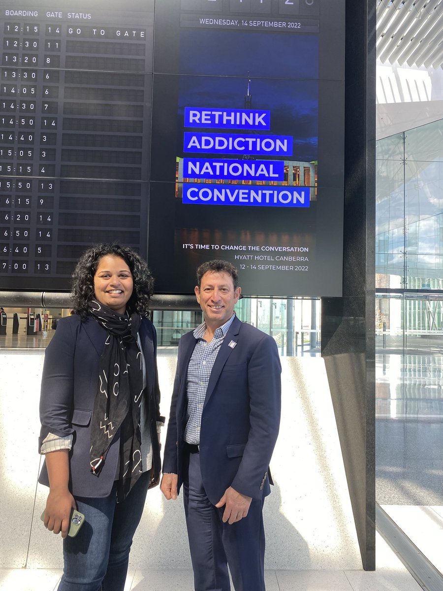 dan_lubman's tweet photo. Just leaving Canberra with @SArunogiri after a brilliant 2 days at #RethinkAddiction National Convention - inspired by the stories &amp; insights from so many courageous #livedexperience advocates - what an amazing coalition of incredible &amp; passionate people ⁦@rethinkadd⁩ https://t.co/lrY9tdMWW5